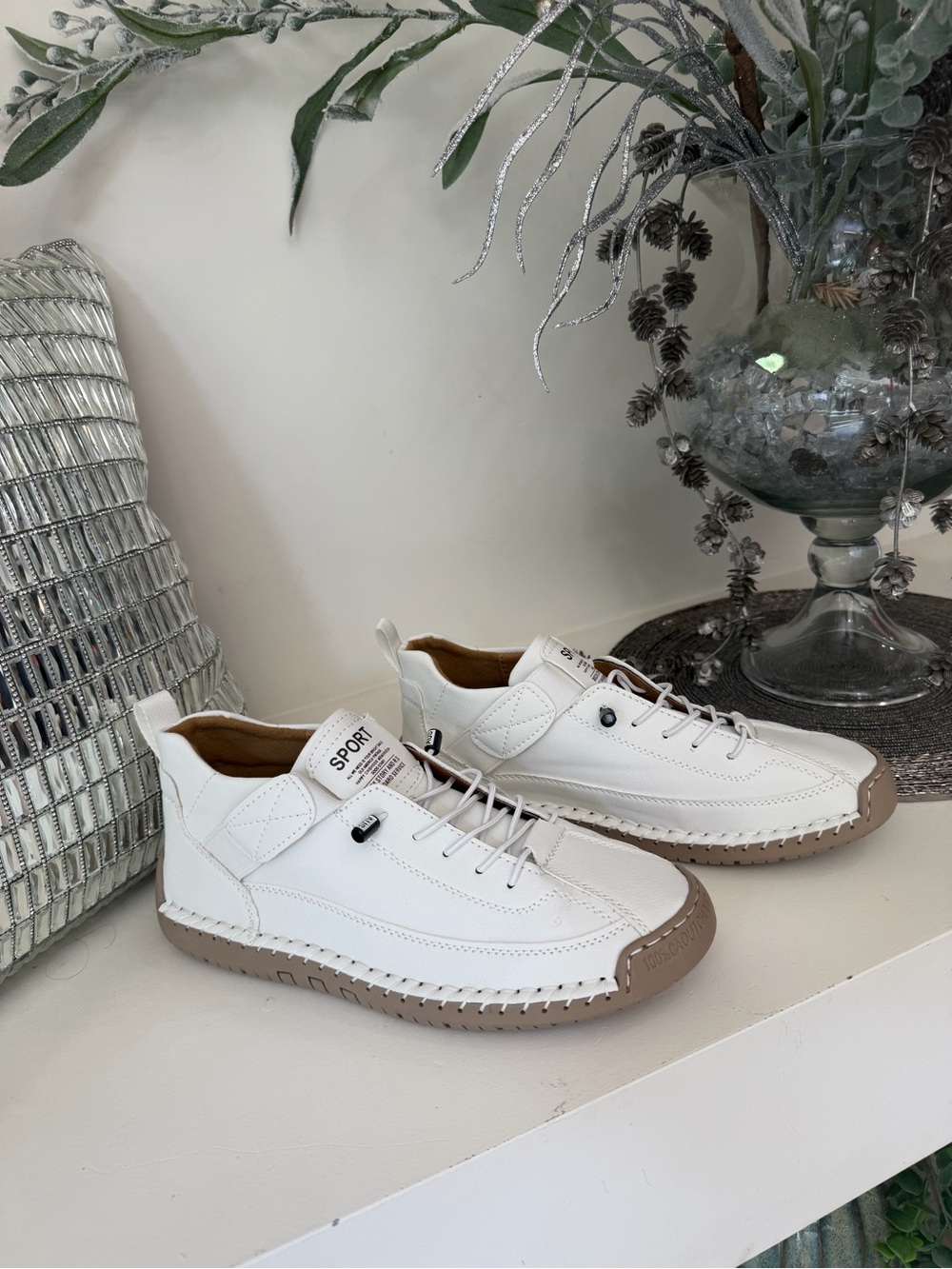 Women White Casual Sport Sneakers with Tan Sole